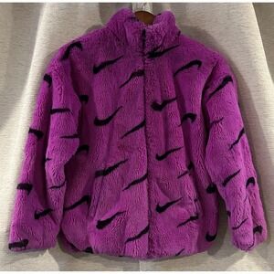 Nike Printed Faux Fur Jacket Women's Large Purple Full Zip AOP Soft DX6416-551